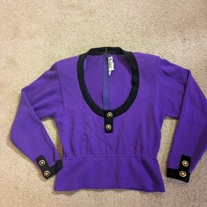 Purple Knit Sweater with Black Trim and Gold Buttons